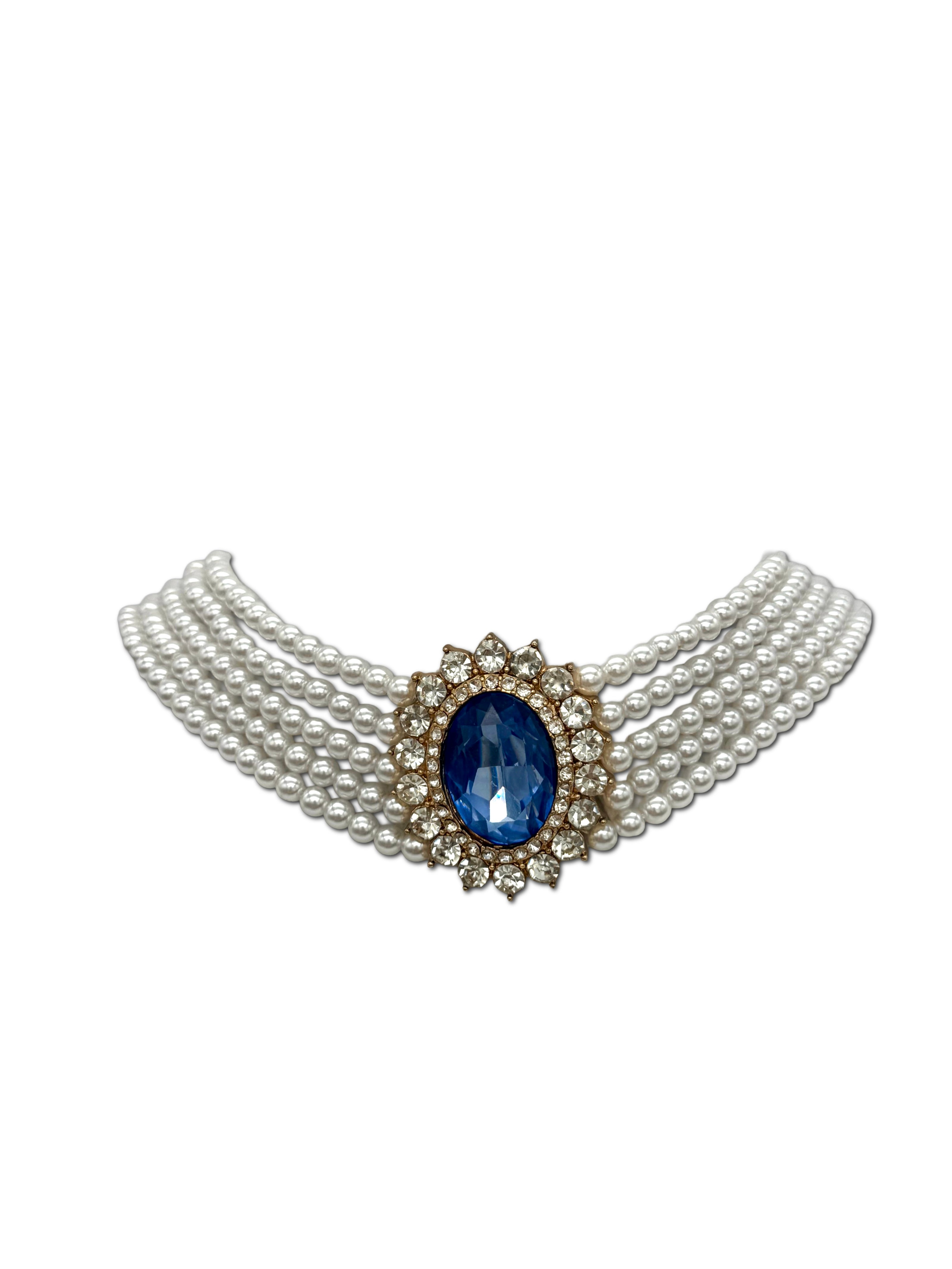 Faux Pearl, 5 strand Choker with blue stone affect Halo setting