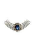 Faux Pearl, 5 strand Choker with blue stone affect Halo setting