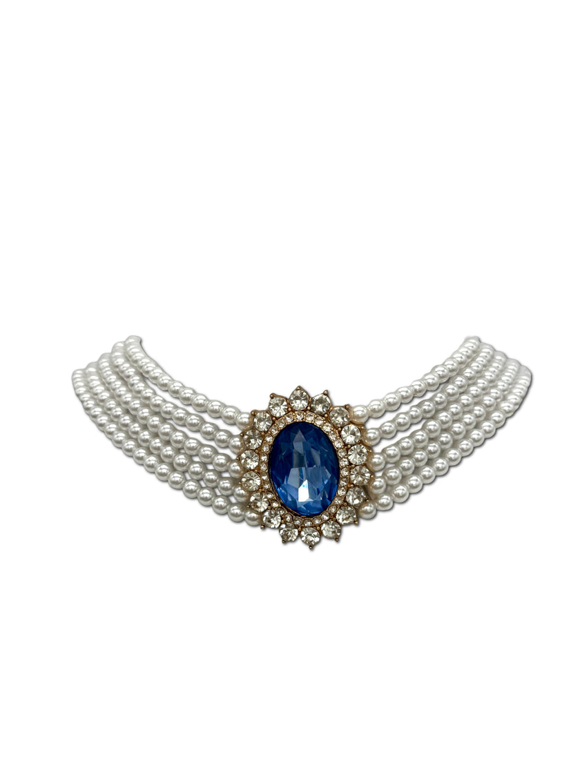 Faux Pearl, 5 strand Choker with blue stone affect Halo setting