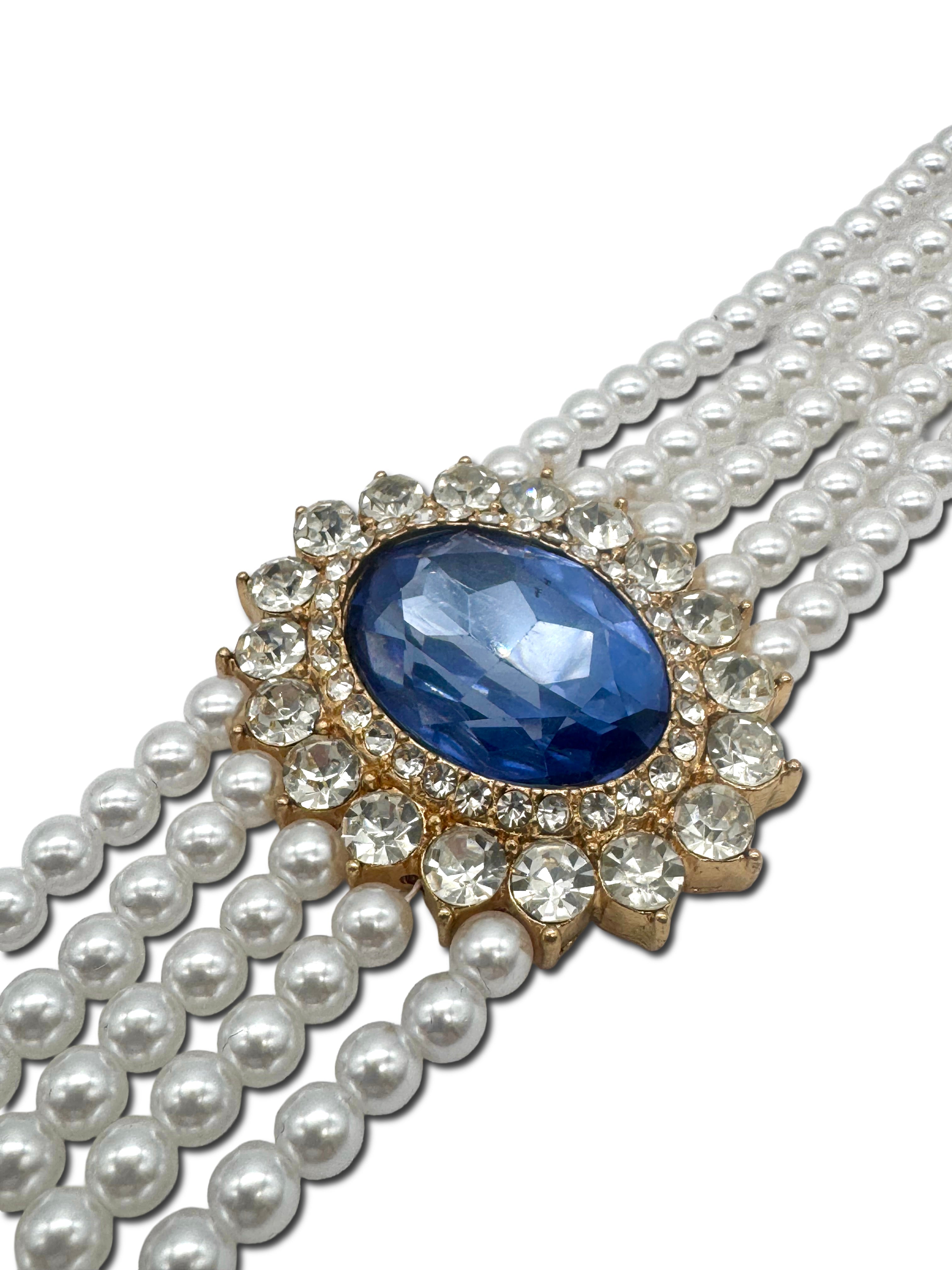 Faux Pearl, 5 strand Choker with blue stone affect Halo setting