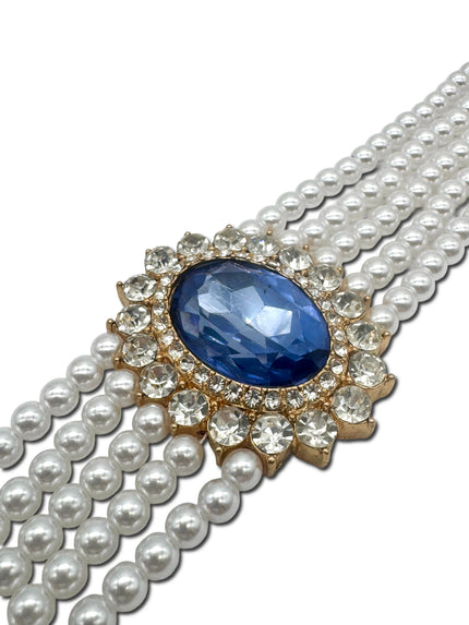 Faux Pearl, 5 strand Choker with blue stone affect Halo setting