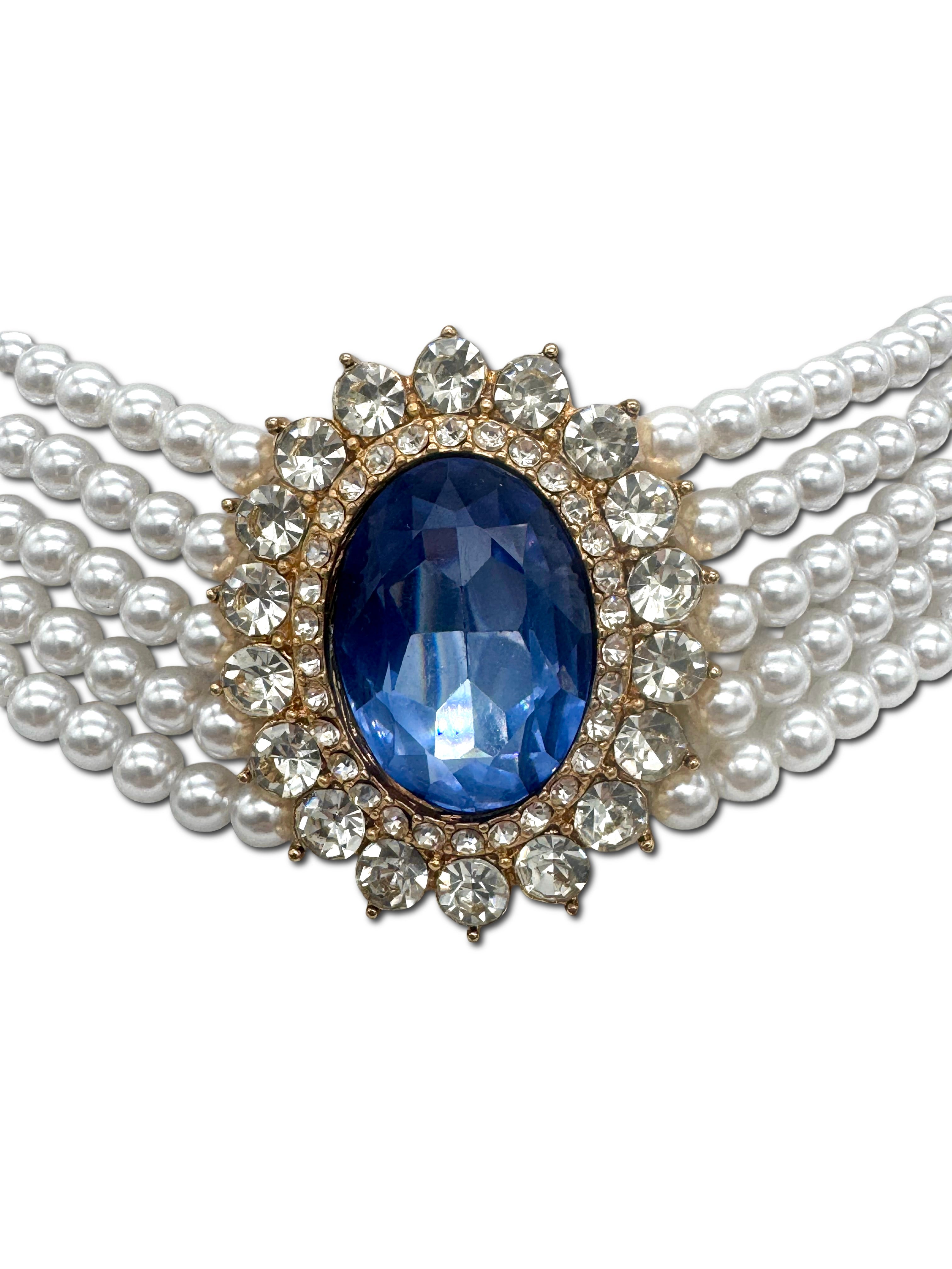 Faux Pearl, 5 strand Choker with blue stone affect Halo setting