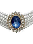Faux Pearl, 5 strand Choker with blue stone affect Halo setting