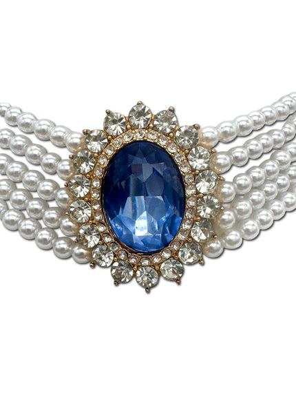 Faux Pearl, 5 strand Choker with blue stone affect Halo setting