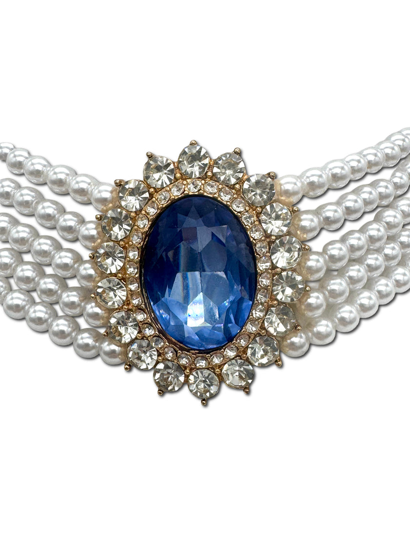 Faux Pearl, 5 strand Choker with blue stone affect Halo setting