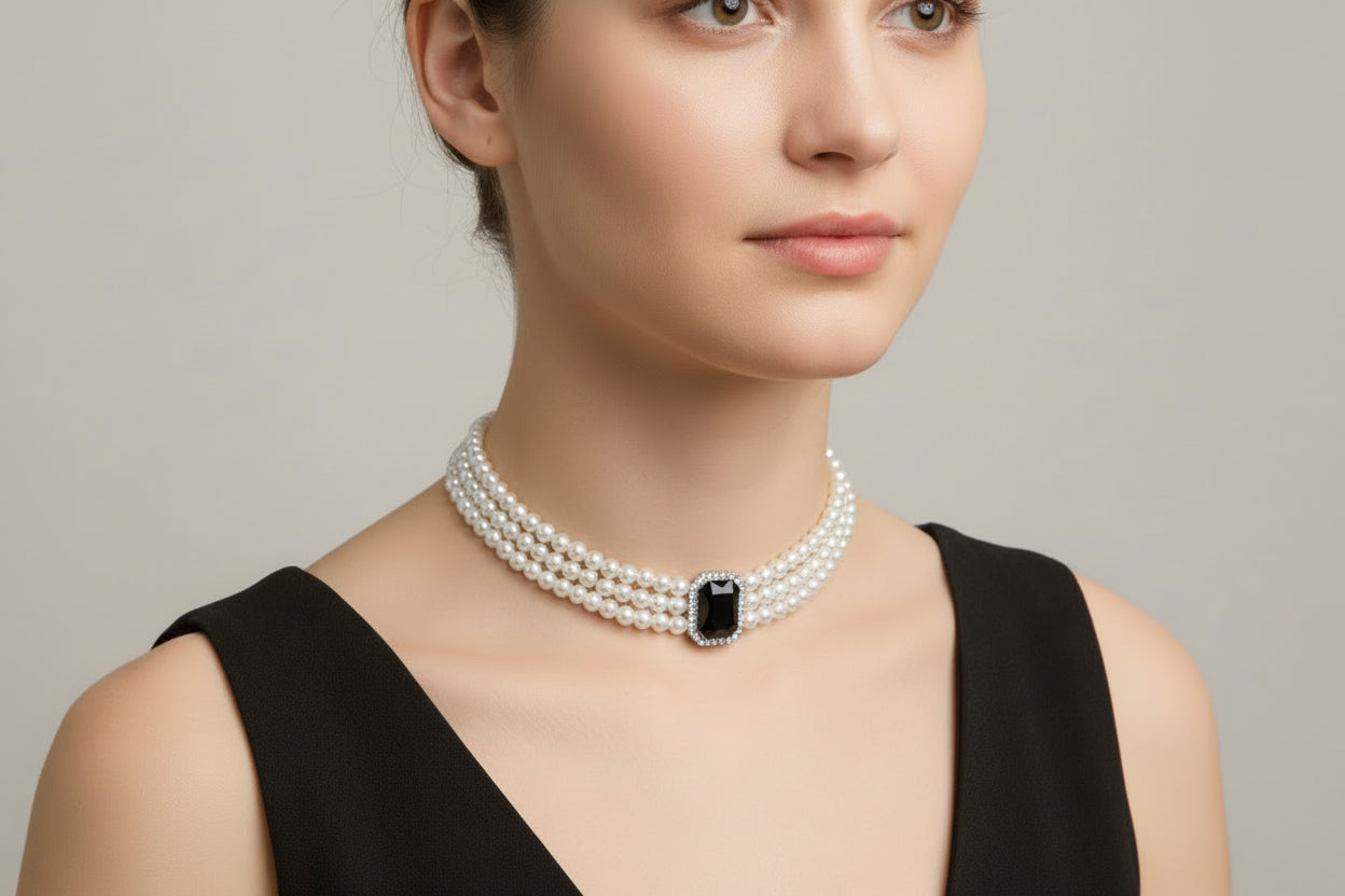 Faux Pearl, 3 Strand Choker Necklace with Black Halo setting