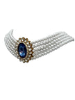 Faux Pearl, 5 strand Choker with blue stone affect Halo setting