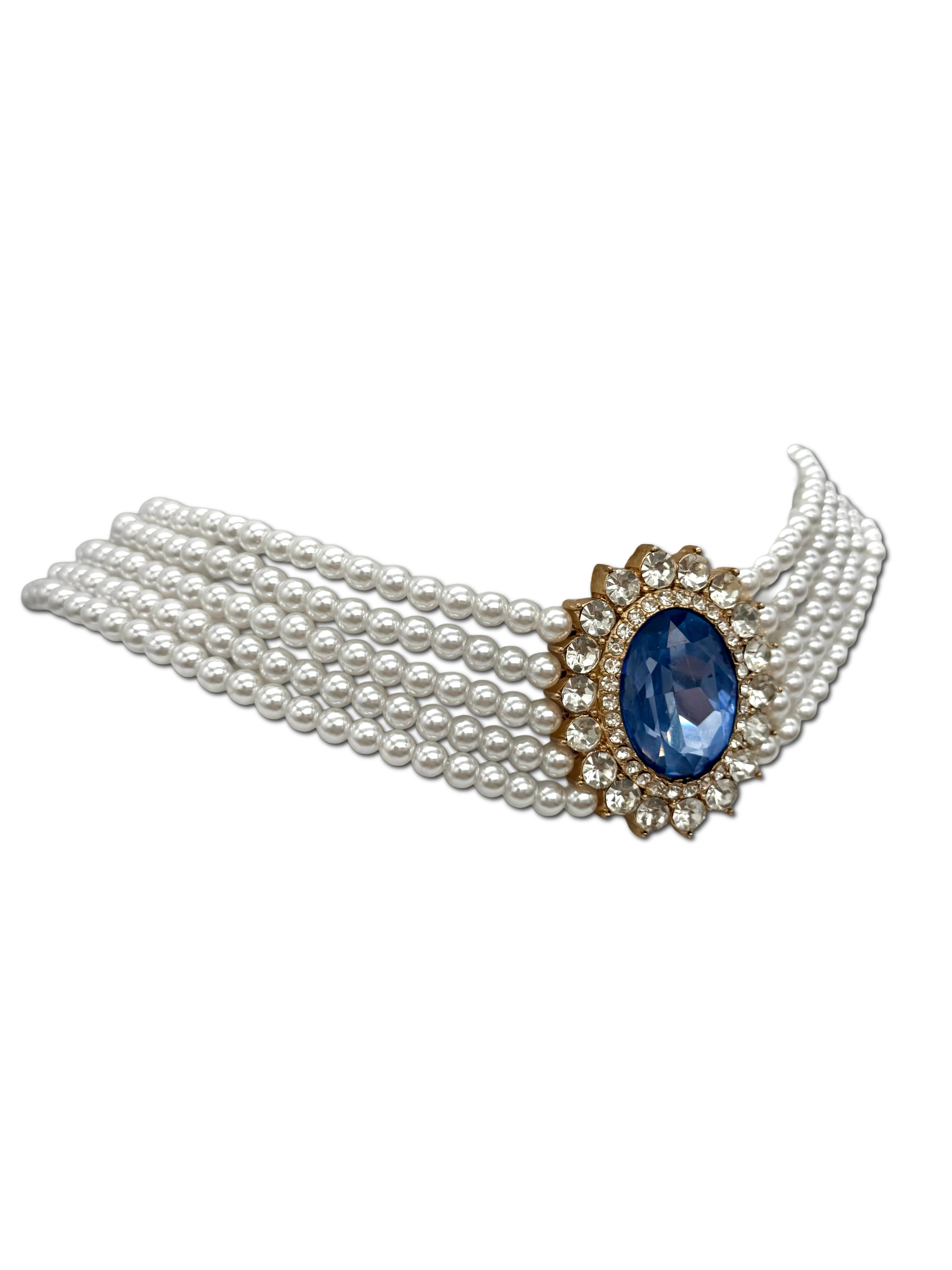 Faux Pearl, 5 strand Choker with blue stone affect Halo setting