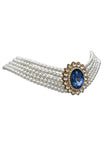 Faux Pearl, 5 strand Choker with blue stone affect Halo setting