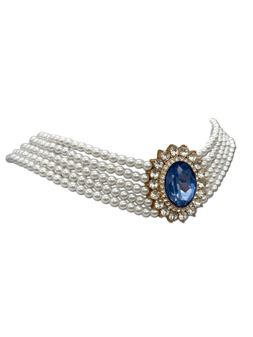 Faux Pearl, 5 strand Choker with blue stone affect Halo setting