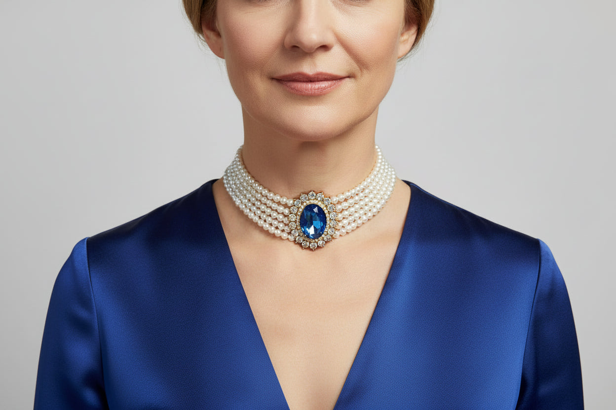 Faux Pearl, 5 strand Choker with blue stone affect Halo setting