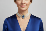 Faux Pearl, 5 strand Choker with blue stone affect Halo setting