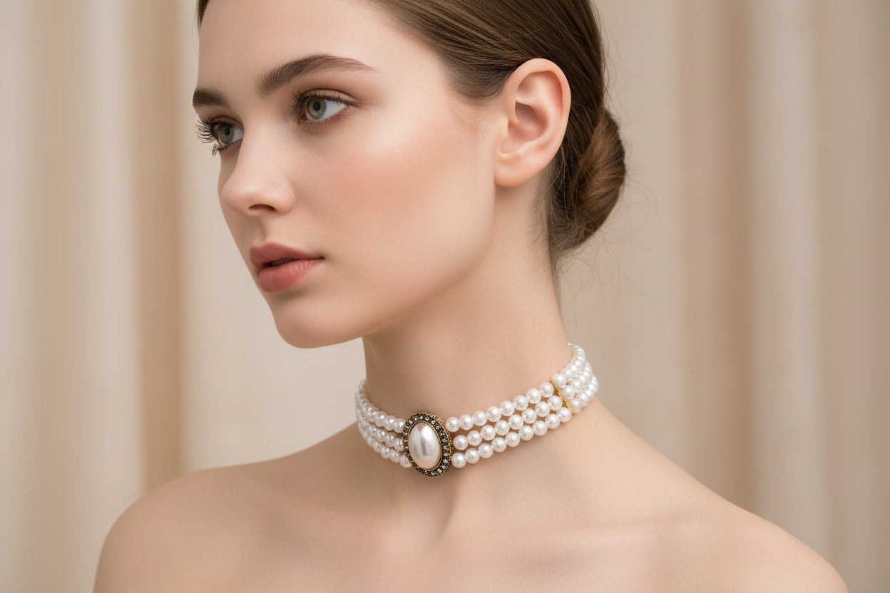 Faux Pearl, 3 Strand Choker Necklace with Halo setting