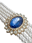 Faux Pearl, 5 strand Choker with blue stone affect Halo setting