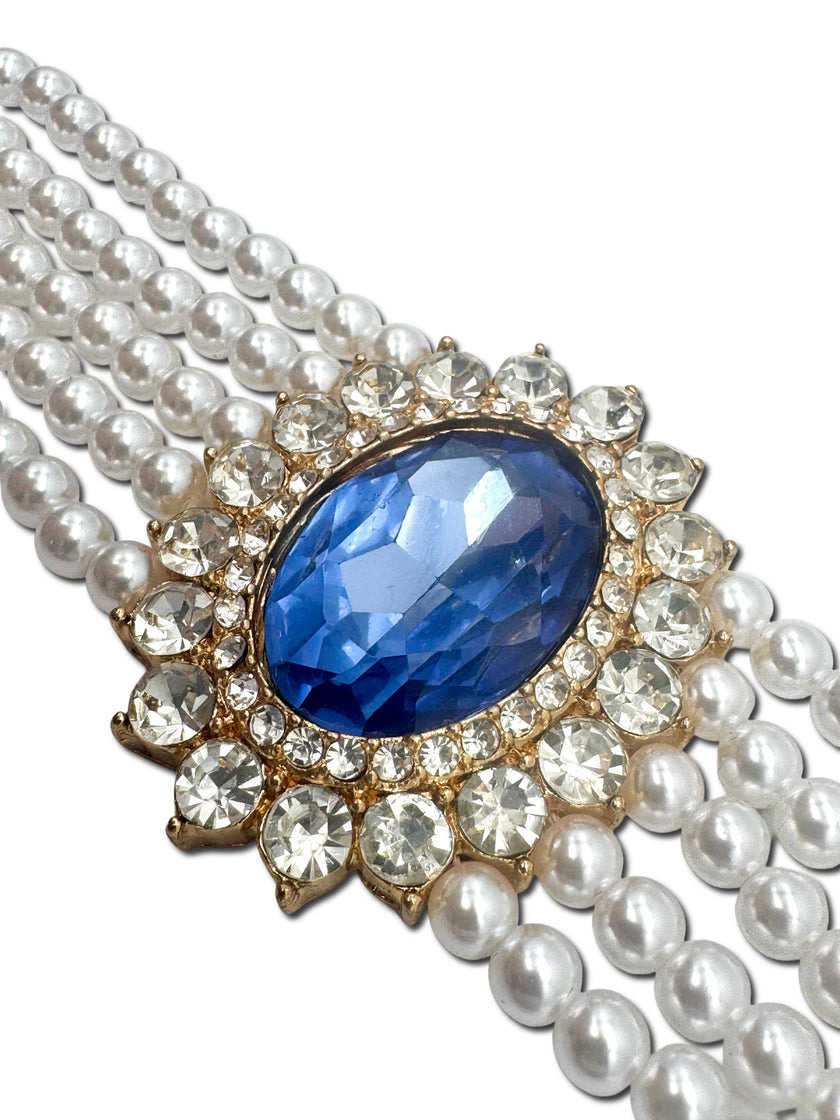 Faux Pearl, 5 strand Choker with blue stone affect Halo setting