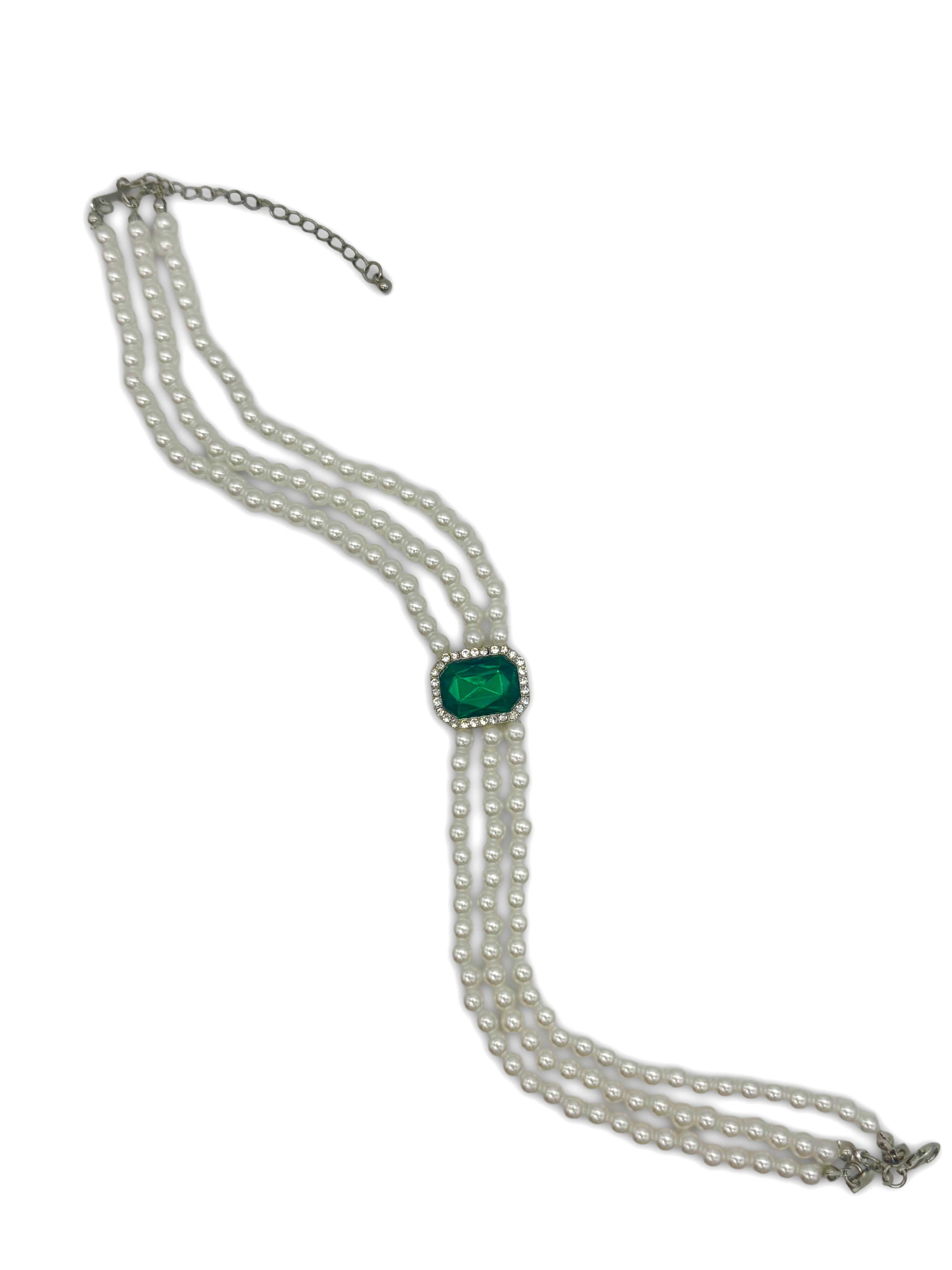 Faux Pearl, 3 Strand Choker Necklace with Green Halo setting