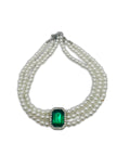 Faux Pearl, 3 Strand Choker Necklace with Green Halo setting