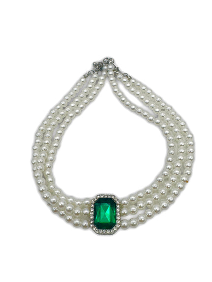 Faux Pearl, 3 Strand Choker Necklace with Green Halo setting