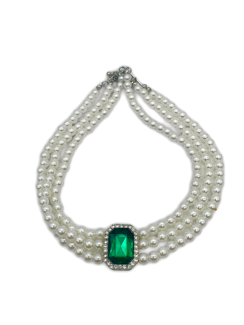 Faux Pearl, 3 Strand Choker Necklace with Green Halo setting