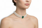 Faux Pearl, 3 Strand Choker Necklace with Green Halo setting
