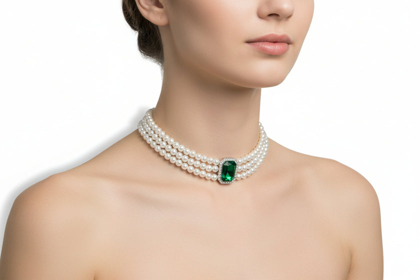 Faux Pearl, 3 Strand Choker Necklace with Green Halo setting