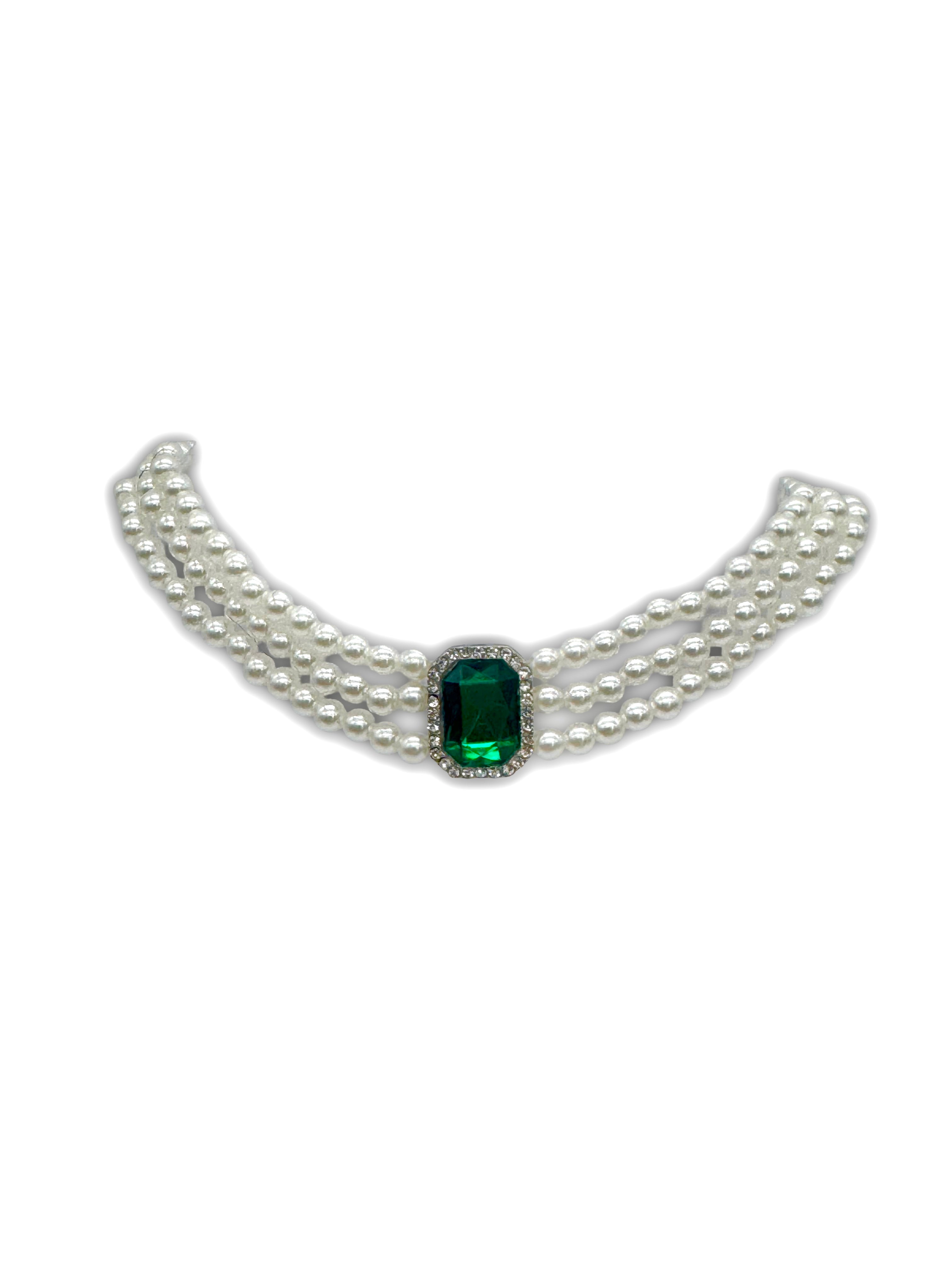 Faux Pearl, 3 Strand Choker Necklace with Green Halo setting