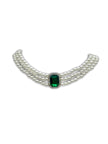 Faux Pearl, 3 Strand Choker Necklace with Green Halo setting