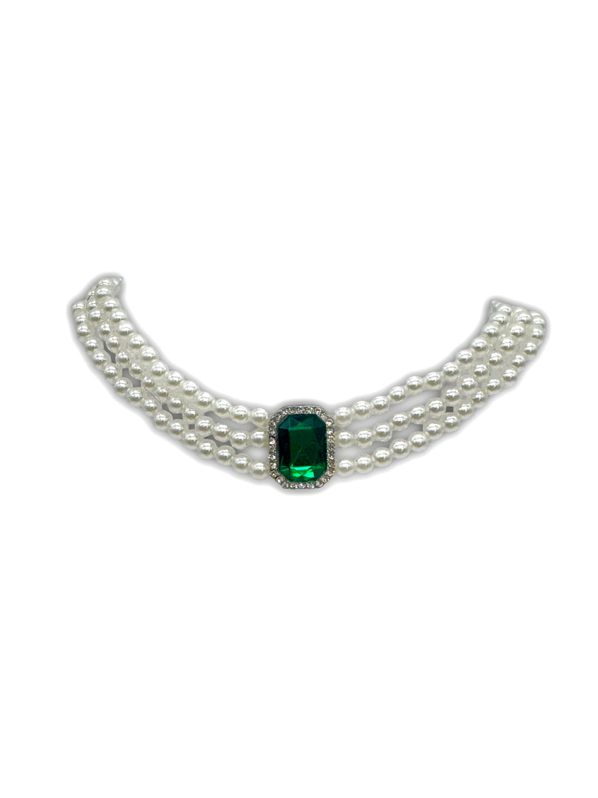 Faux Pearl, 3 Strand Choker Necklace with Green Halo setting