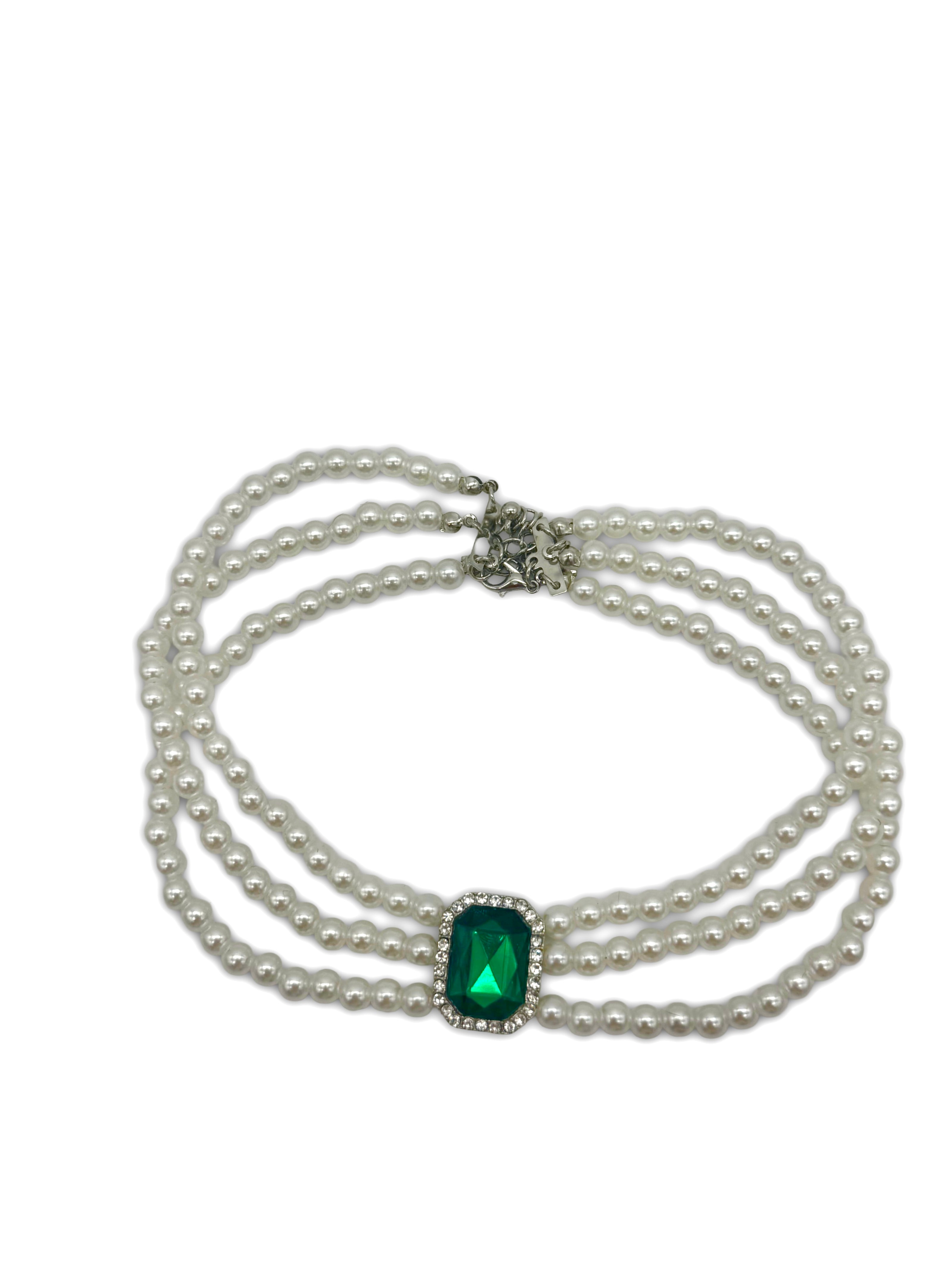 Faux Pearl, 3 Strand Choker Necklace with Green Halo setting