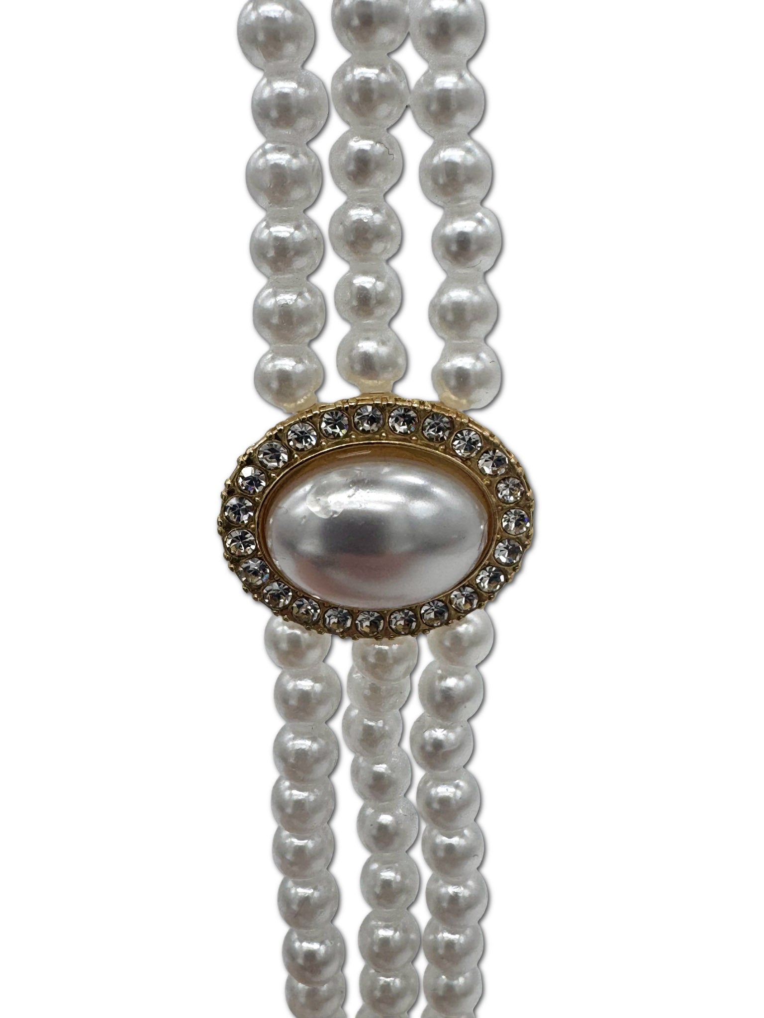 Faux Pearl, 3 Strand Choker Necklace with Halo setting