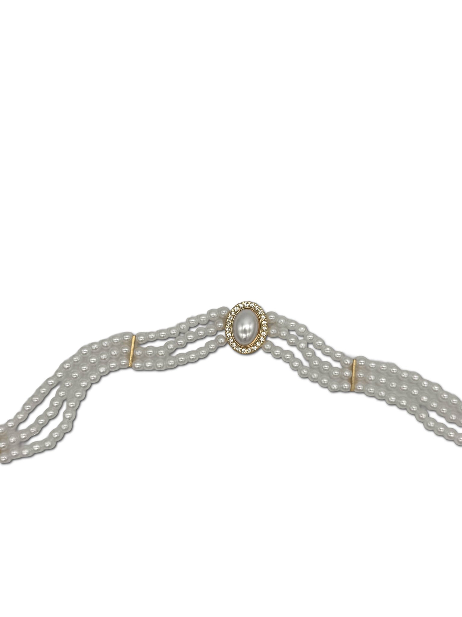 Faux Pearl, 3 Strand Choker Necklace with Halo setting