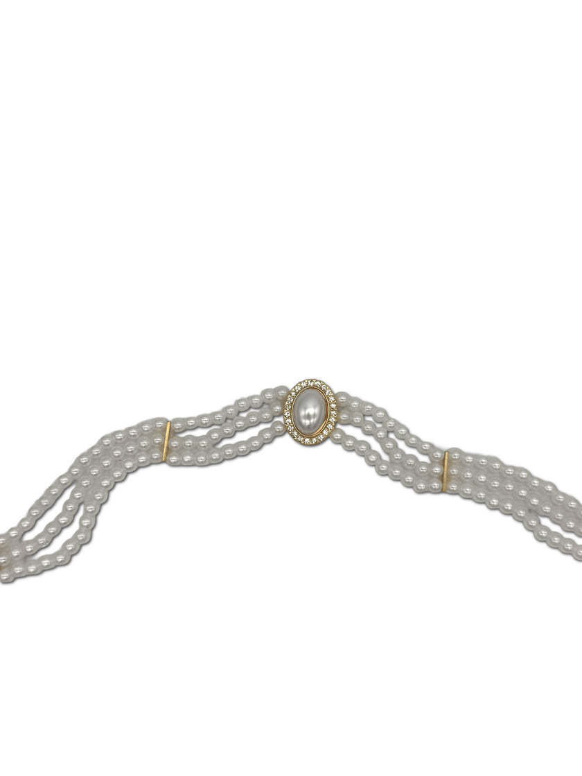 Faux Pearl, 3 Strand Choker Necklace with Halo setting