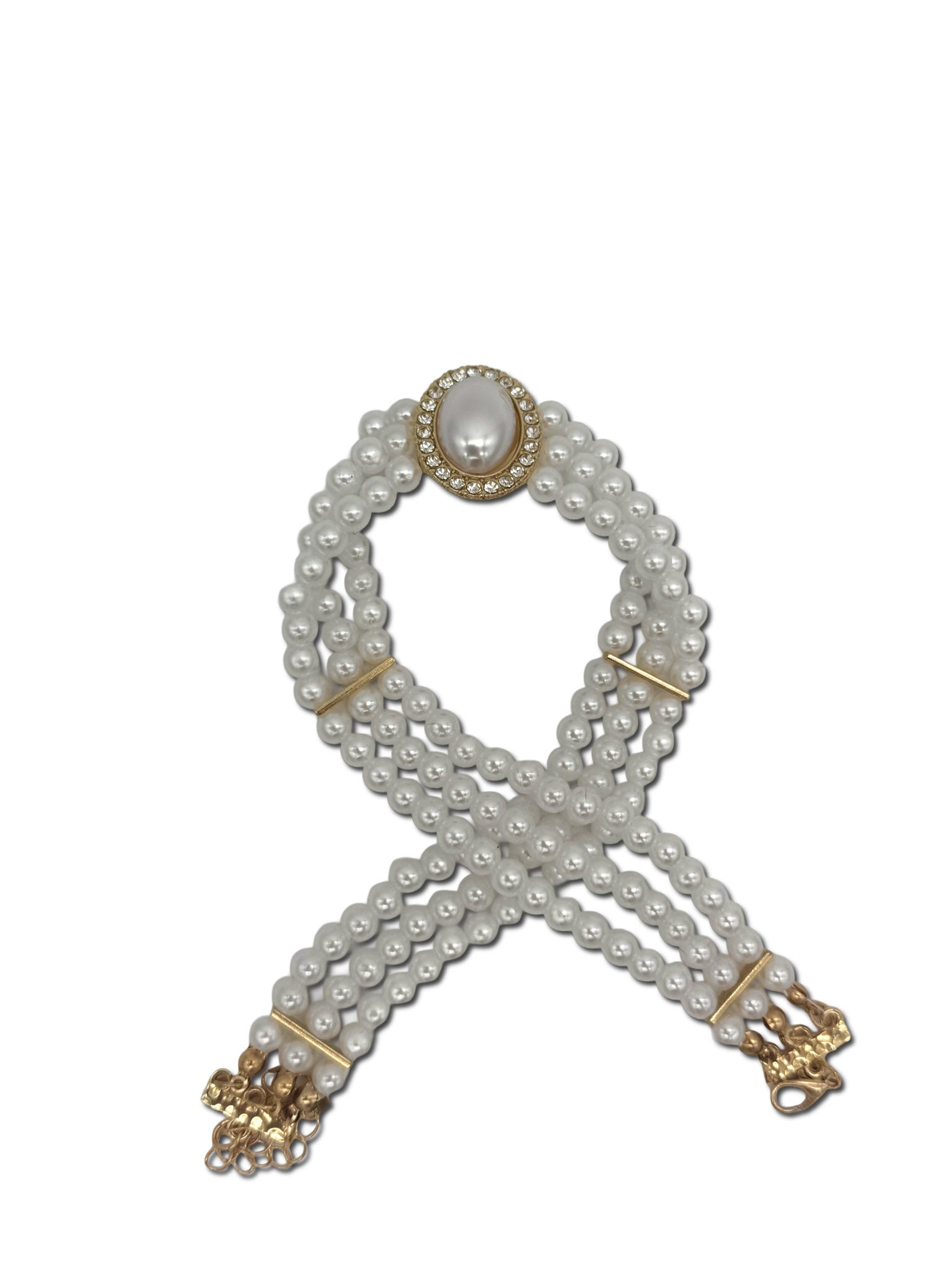 Faux Pearl, 3 Strand Choker Necklace with Halo setting