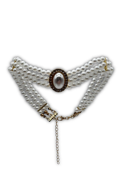 Faux Pearl, 3 Strand Choker Necklace with Halo setting