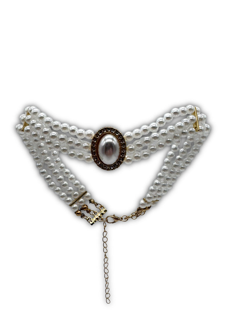 Faux Pearl, 3 Strand Choker Necklace with Halo setting