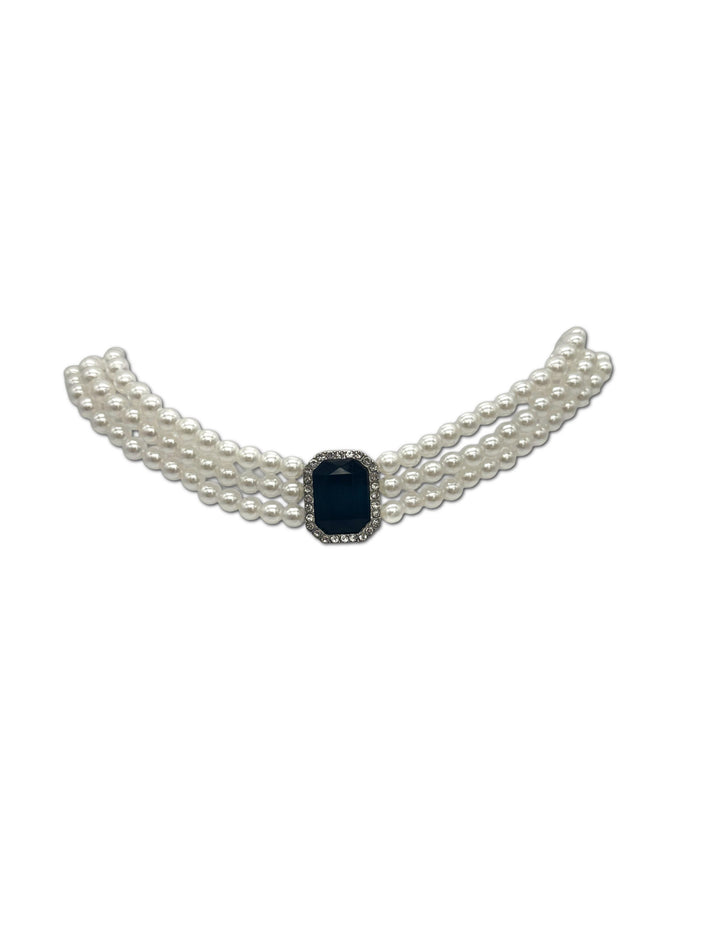 Faux Pearl, 3 Strand Choker Necklace with Black Halo setting