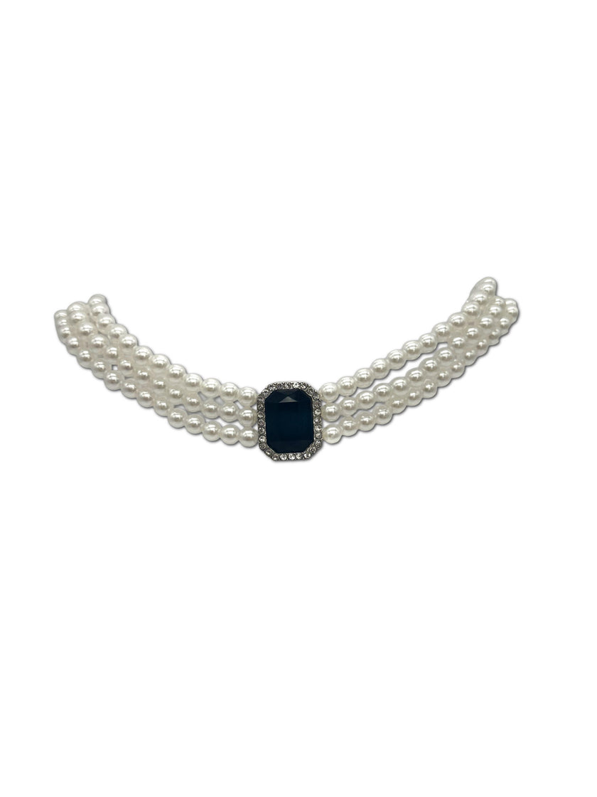 Faux Pearl, 3 Strand Choker Necklace with Black Halo setting