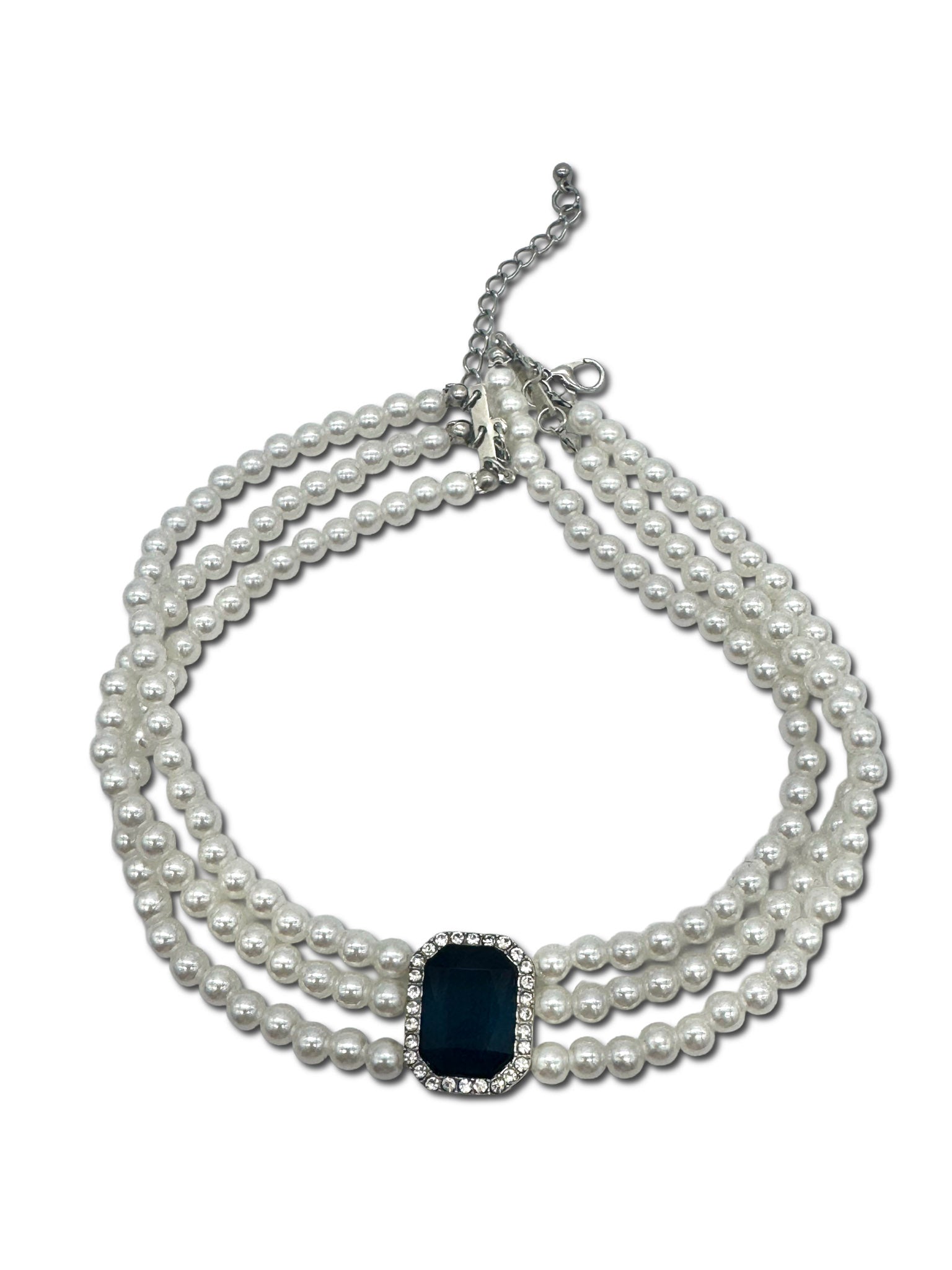 Faux Pearl, 3 Strand Choker Necklace with Black Halo setting