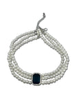 Faux Pearl, 3 Strand Choker Necklace with Black Halo setting