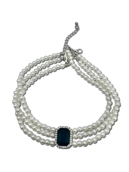Faux Pearl, 3 Strand Choker Necklace with Black Halo setting