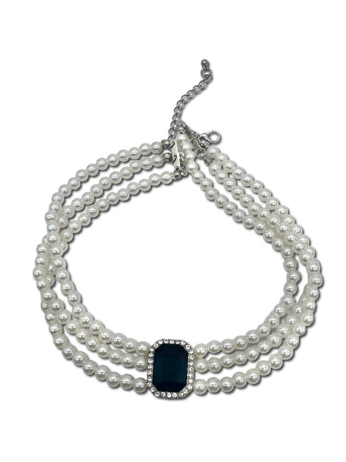 Faux Pearl, 3 Strand Choker Necklace with Black Halo setting